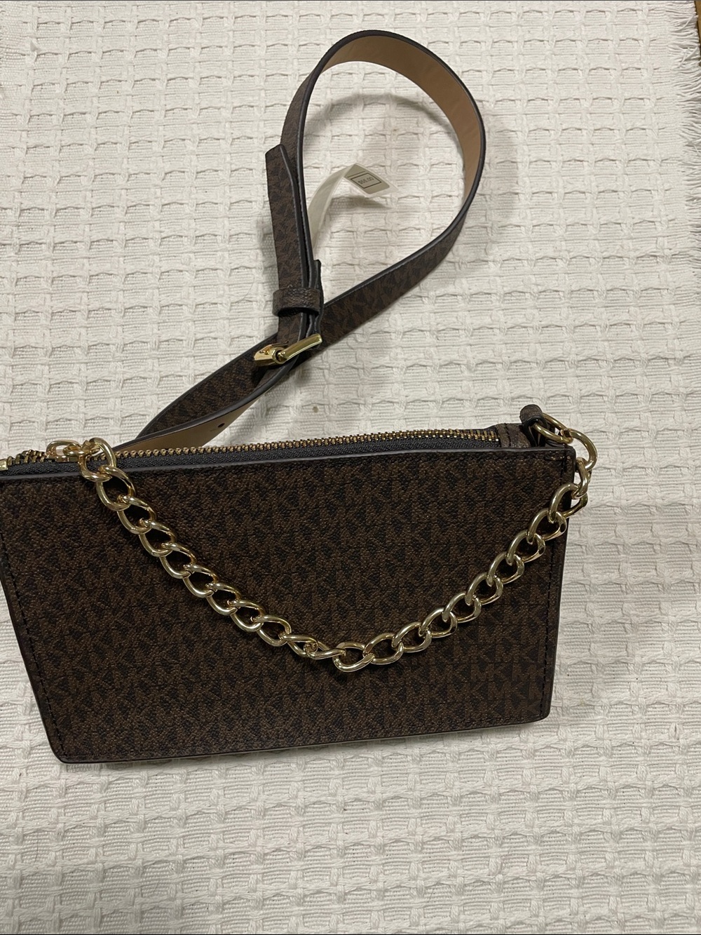 Michael Kors Collection Brown Logo Crossbody with Gold Chain